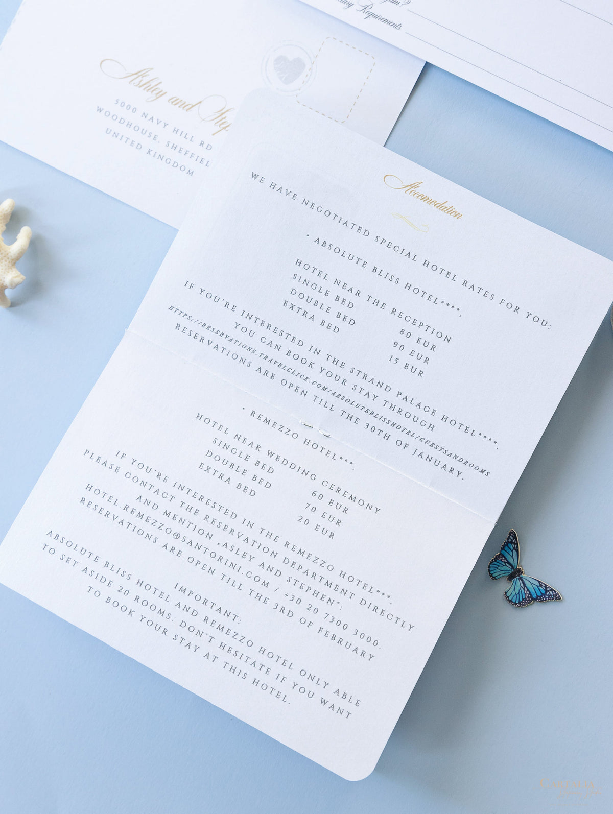 Dusty Blue & Gold Wedding Passport Invite Folder: Luxury Wallet & Tag Passport Invitation