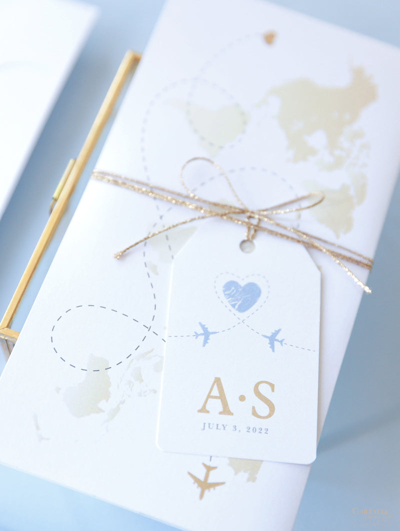 CARTELLA di invito per passaporto di nozze blu polvere e oro: invito per passaporto con portafoglio e targhetta di lusso