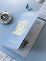 Dusty Blue & Gold Wedding Passport Invite FOLDER :  Luxury Wallet & Tag Passport Invitation