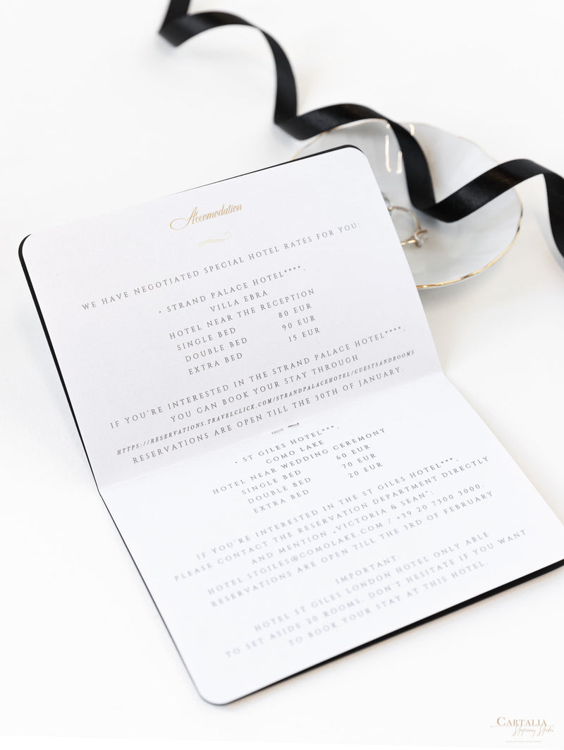 Portafoglio da viaggio FOLDER bianco e nero: suite di inviti per passaporto di nozze di lusso in tasca e etichetta a specchio dorata
