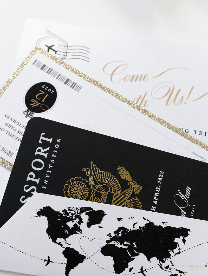 Portafoglio da viaggio FOLDER bianco e nero: suite di inviti per passaporto di nozze di lusso in tasca e etichetta a specchio dorata