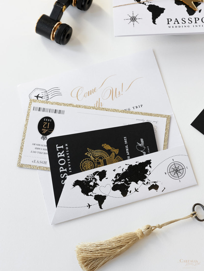 Portafoglio da viaggio FOLDER bianco e nero: suite di inviti per passaporto di nozze di lusso in tasca e etichetta a specchio dorata