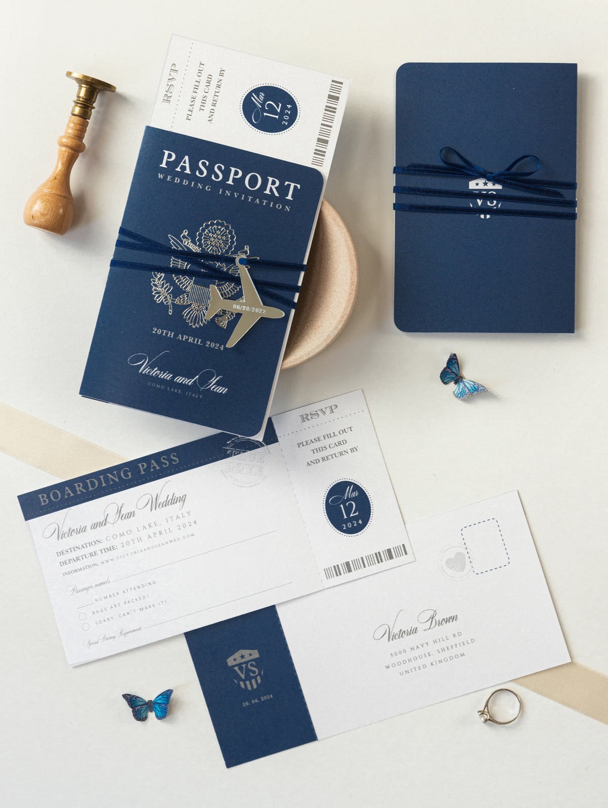 USA / American & UK Passport Navy Wedding Invitation with Silver Mirror Plexi Plane