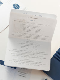 USA / American & UK Passport Navy Wedding Invitation with Silver Mirror Plexi Plane