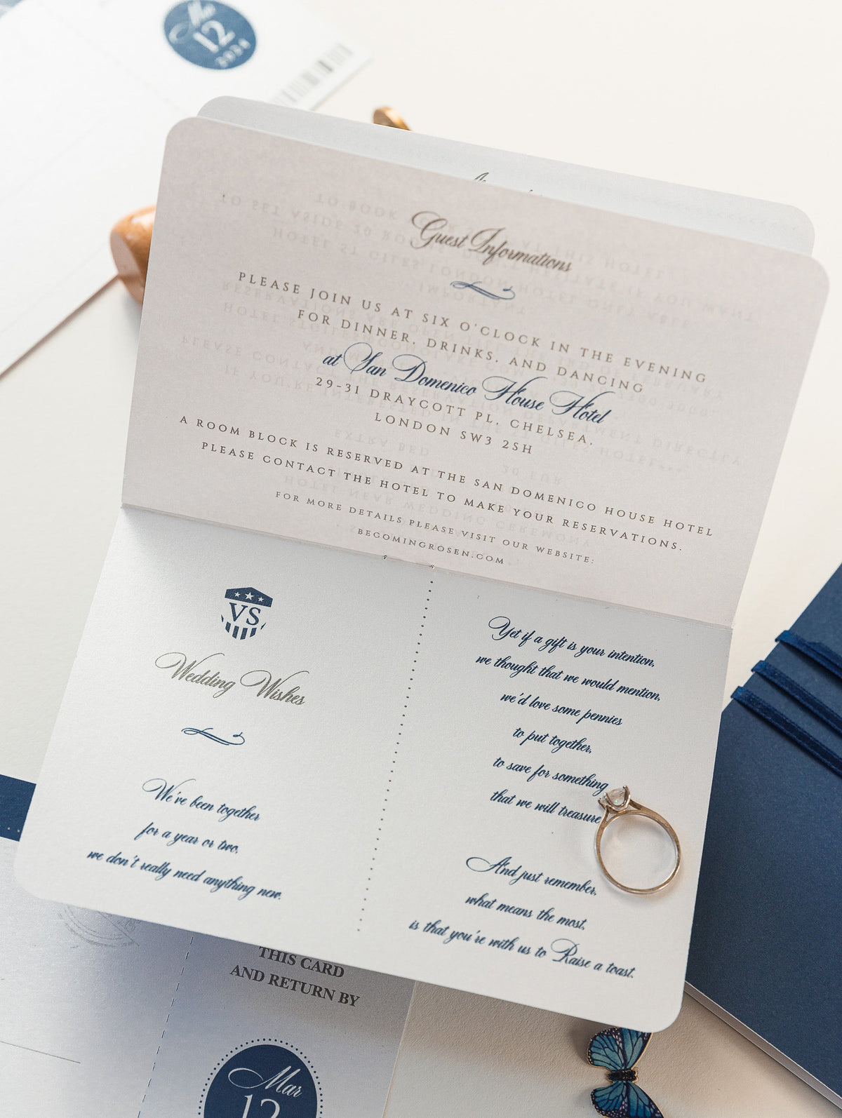 USA / American & UK Passport Navy Wedding Invitation with Silver Mirror Plexi Plane