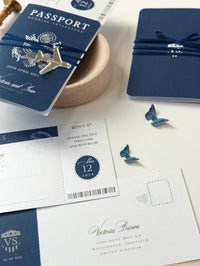 USA / American & UK Passport Navy Wedding Invitation avec Silver Mirror Plexi Plani