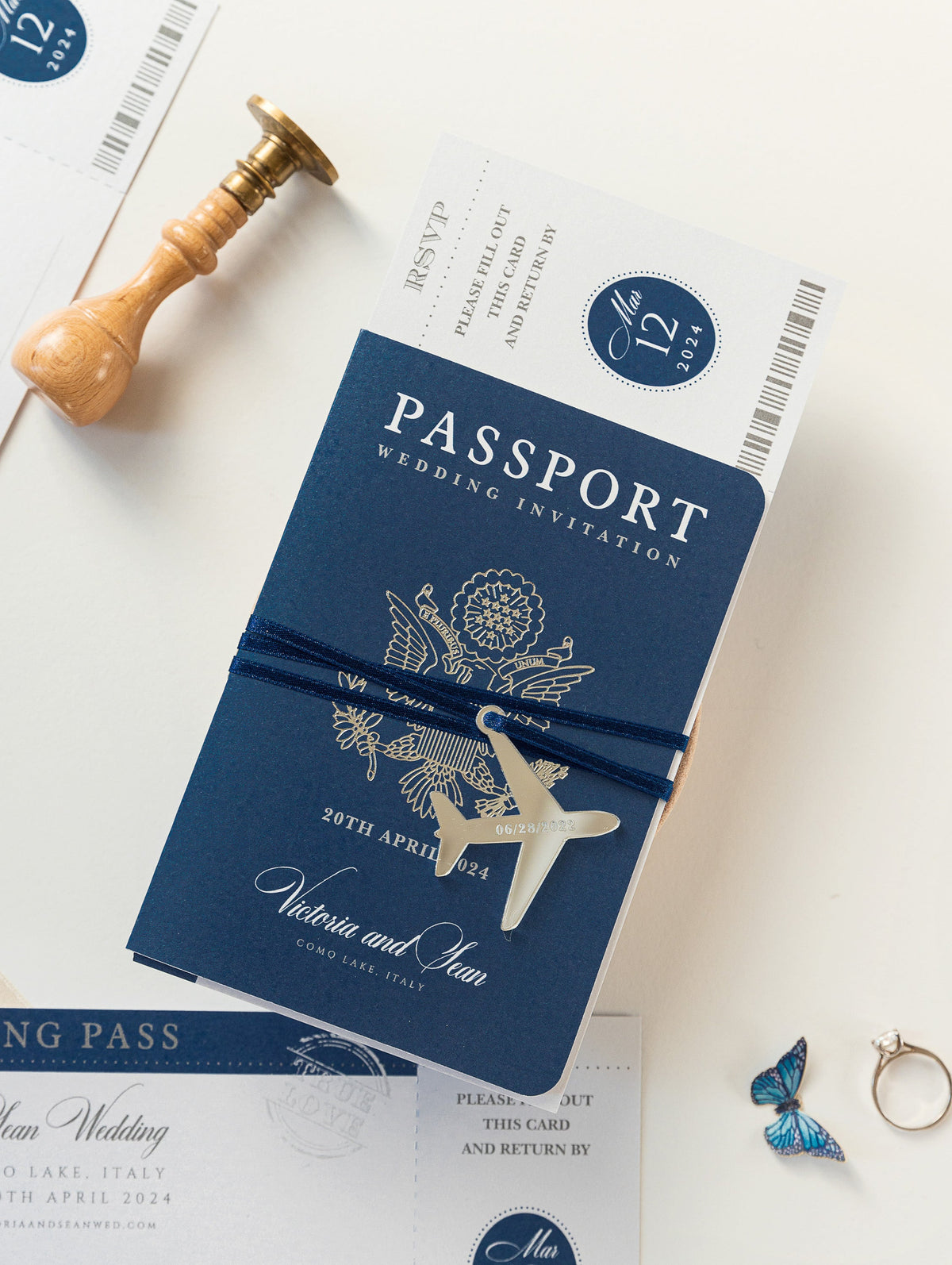 USA / American & UK Passport Navy Wedding Invitation with Silver Mirror Plexi Plane