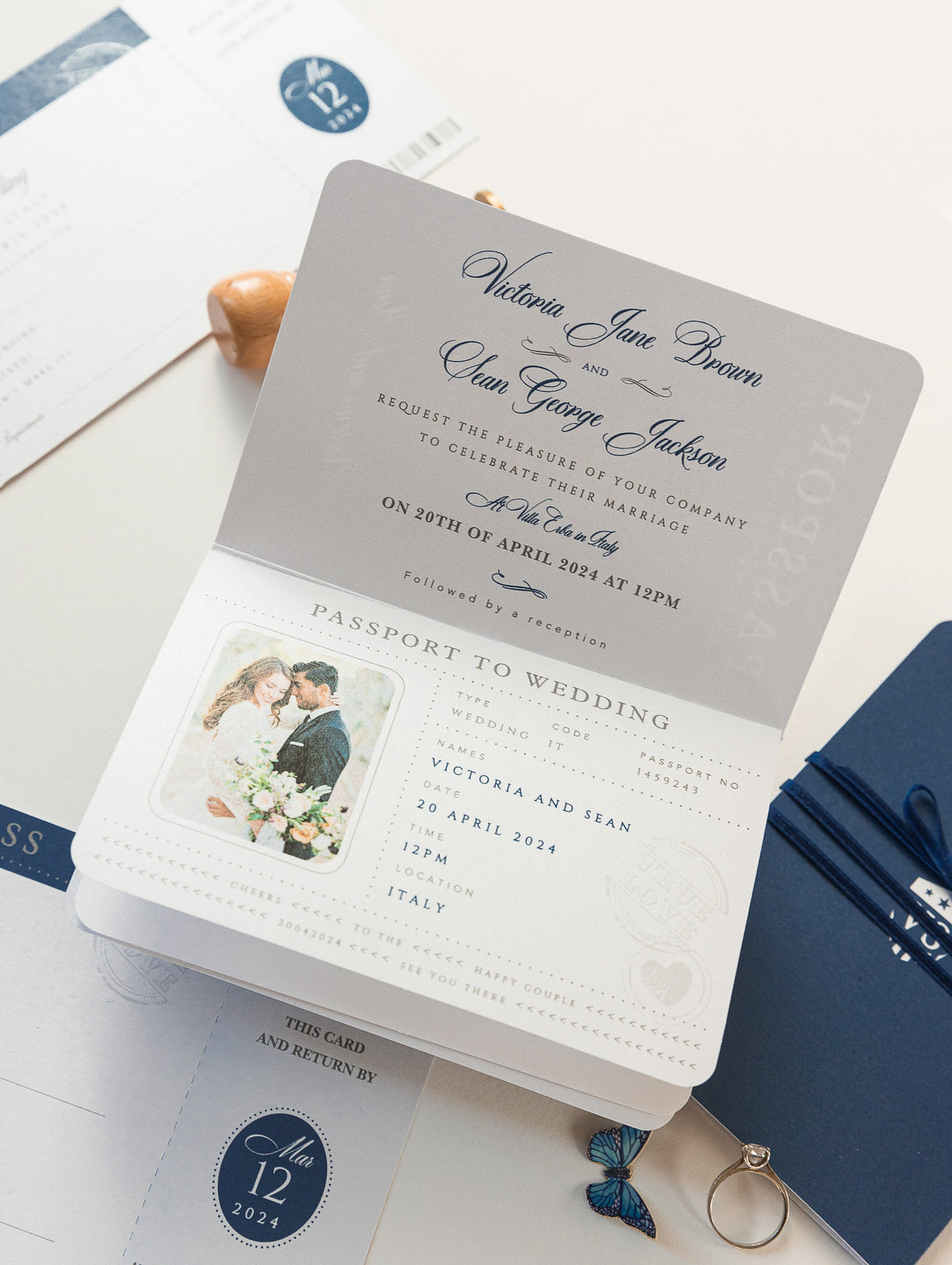 USA / American & UK Passport Navy Wedding Invitation with Silver Mirror Plexi Plane