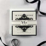 Art Deco Great Gatsby Luxury Black Tie Laser cut Evening Wedding Invitation with Monogram Belly Band