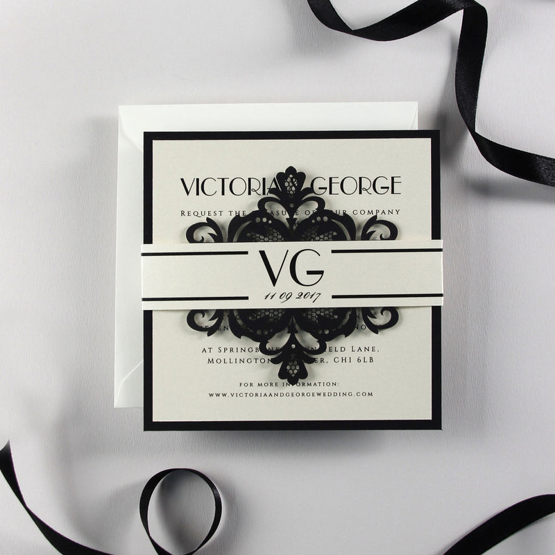 Art Deco Great Gatsby Luxury Black Tie Laser cut Evening Wedding Invitation with Monogram Belly Band