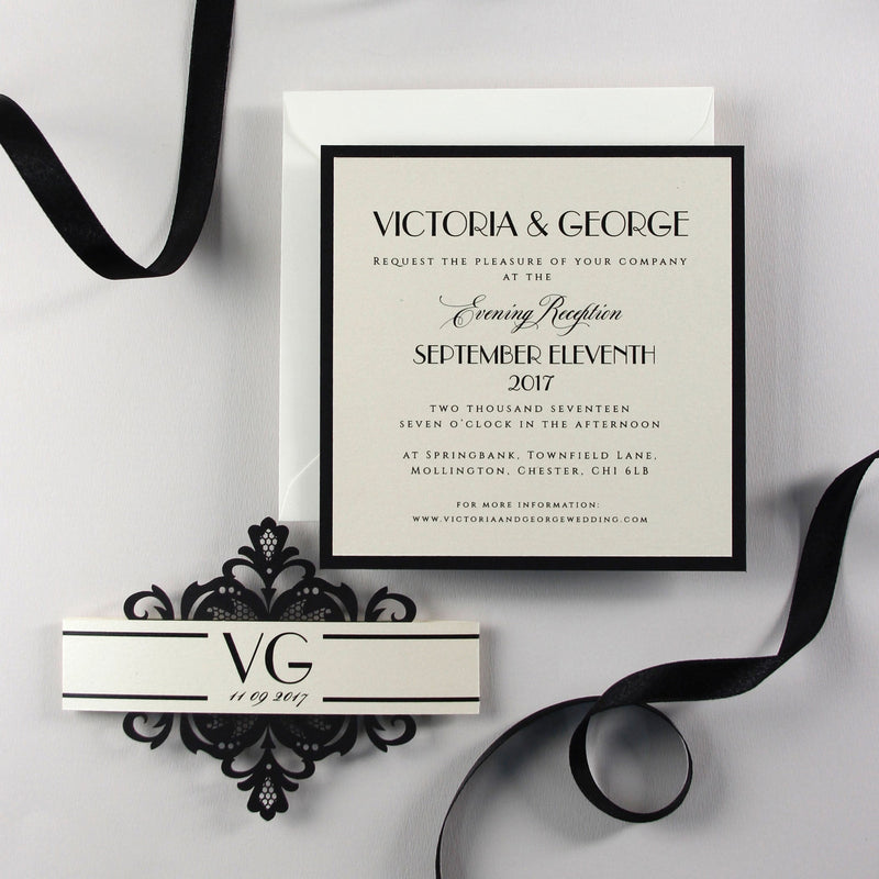 Art Deco Great Gatsby Luxury Black Tie Laser cut Evening Wedding Invitation with Monogram Belly Band