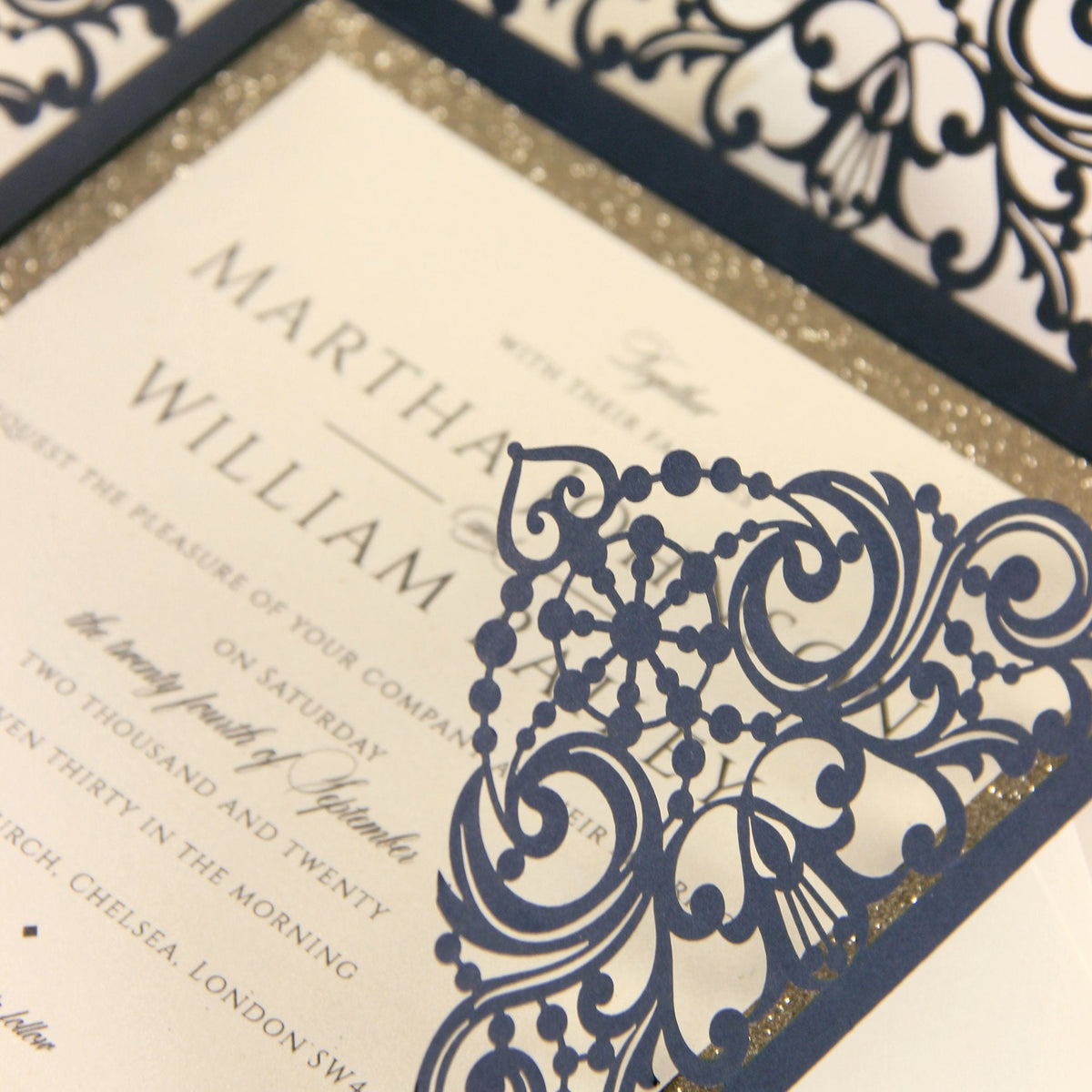 Beautiful Square Quad Fold Navy and Gold Glitter RSVP