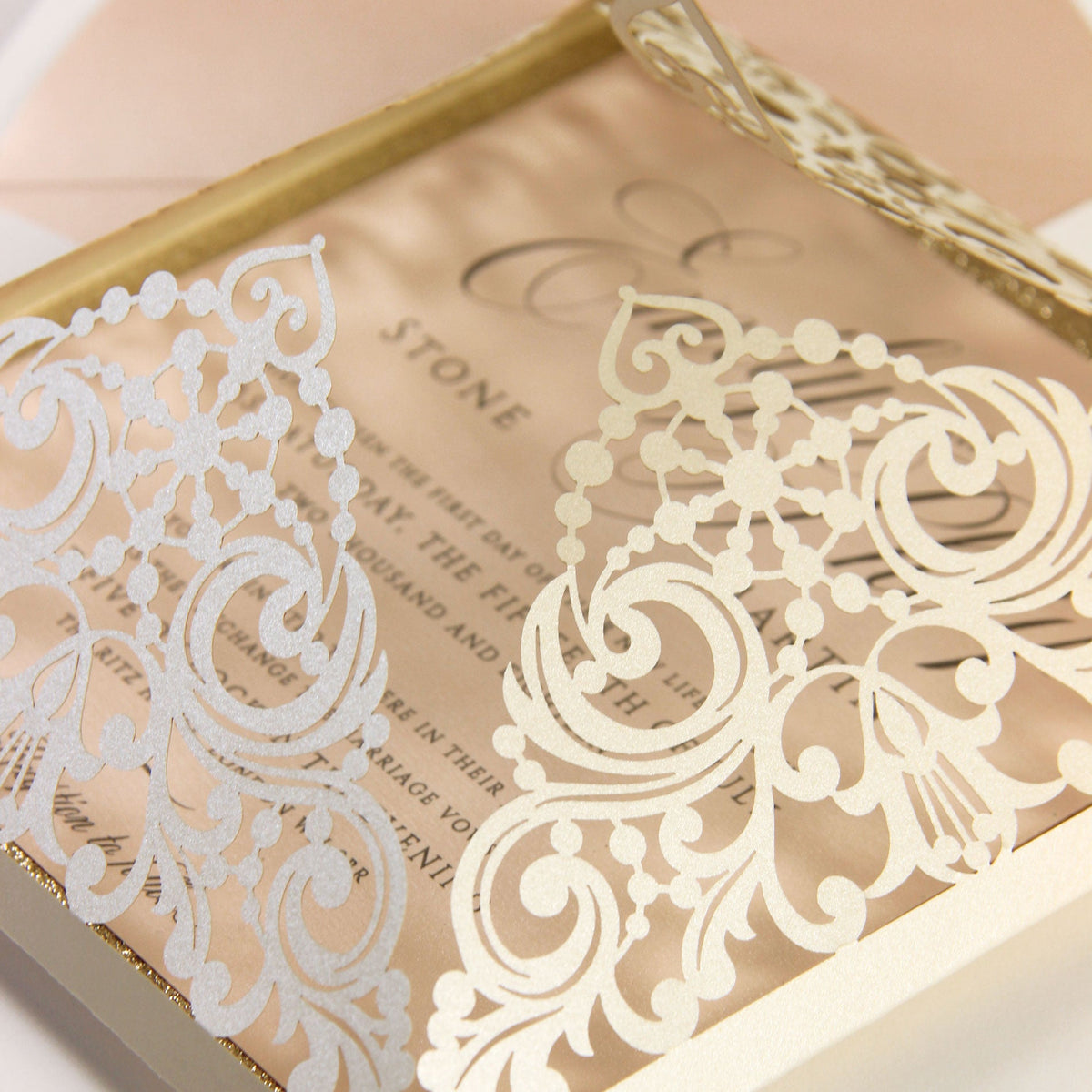 Beautiful Blush Rose Laser Cut RSVP with Glitter