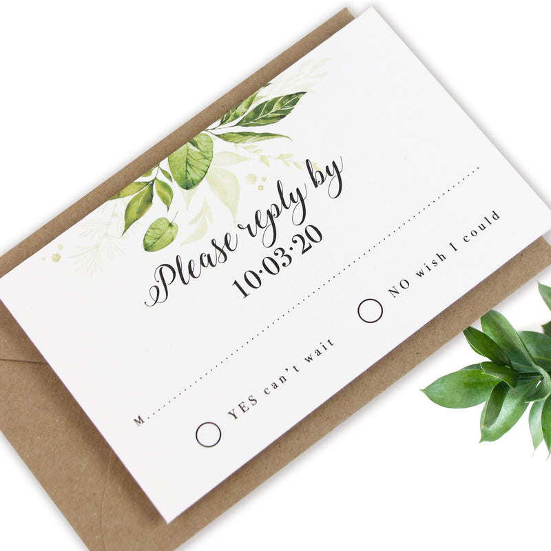 Invito serale con set di nozze rustiche con fogliame verde
