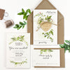 Invito serale con set di nozze rustiche con fogliame verde