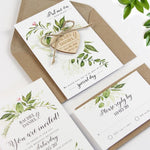 Day Invitation with Green Foliage Engraved Wooden Heart Tied in Jute String and Kraft Envelopes