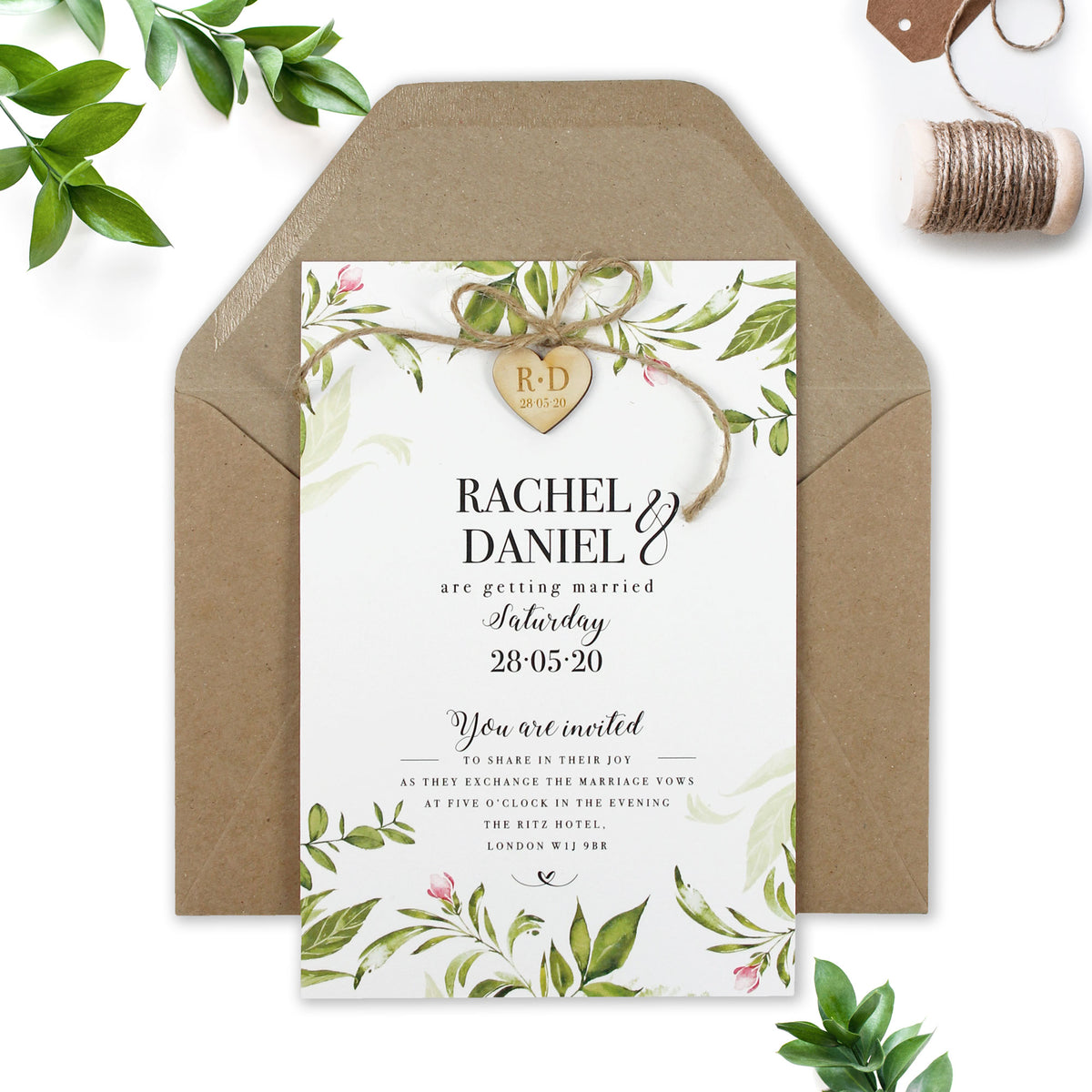 Day Invitation with Green Foliage Engraved Wooden Heart Tied in Jute String and Kraft Envelopes