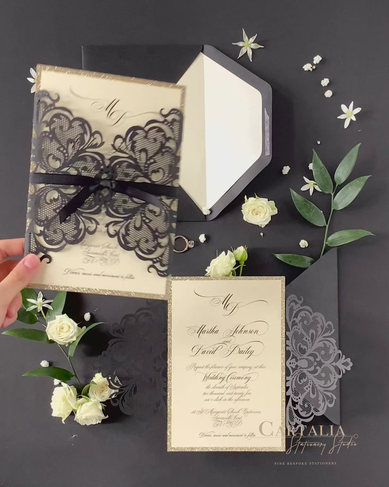 Black Opulence Elegant Laser Gatefold with Ribbon Tie design and Gold ...