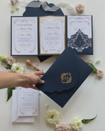 Luxury Navy & Gold Classic Pocket Suite with Gold Foil and Wedding with 3 inserts Tri Fold