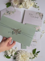 Wedding Hydrangea Folder Wallet in Sage Green, Passport Invitation & Mirror Plane Tag