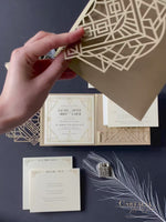 Suite per inviti di nozze tascabili con taglio laser Art Déco, taglio laser Great Gatsby, a 3 livelli: informazioni sugli ospiti, viaggio e tessera RSVP