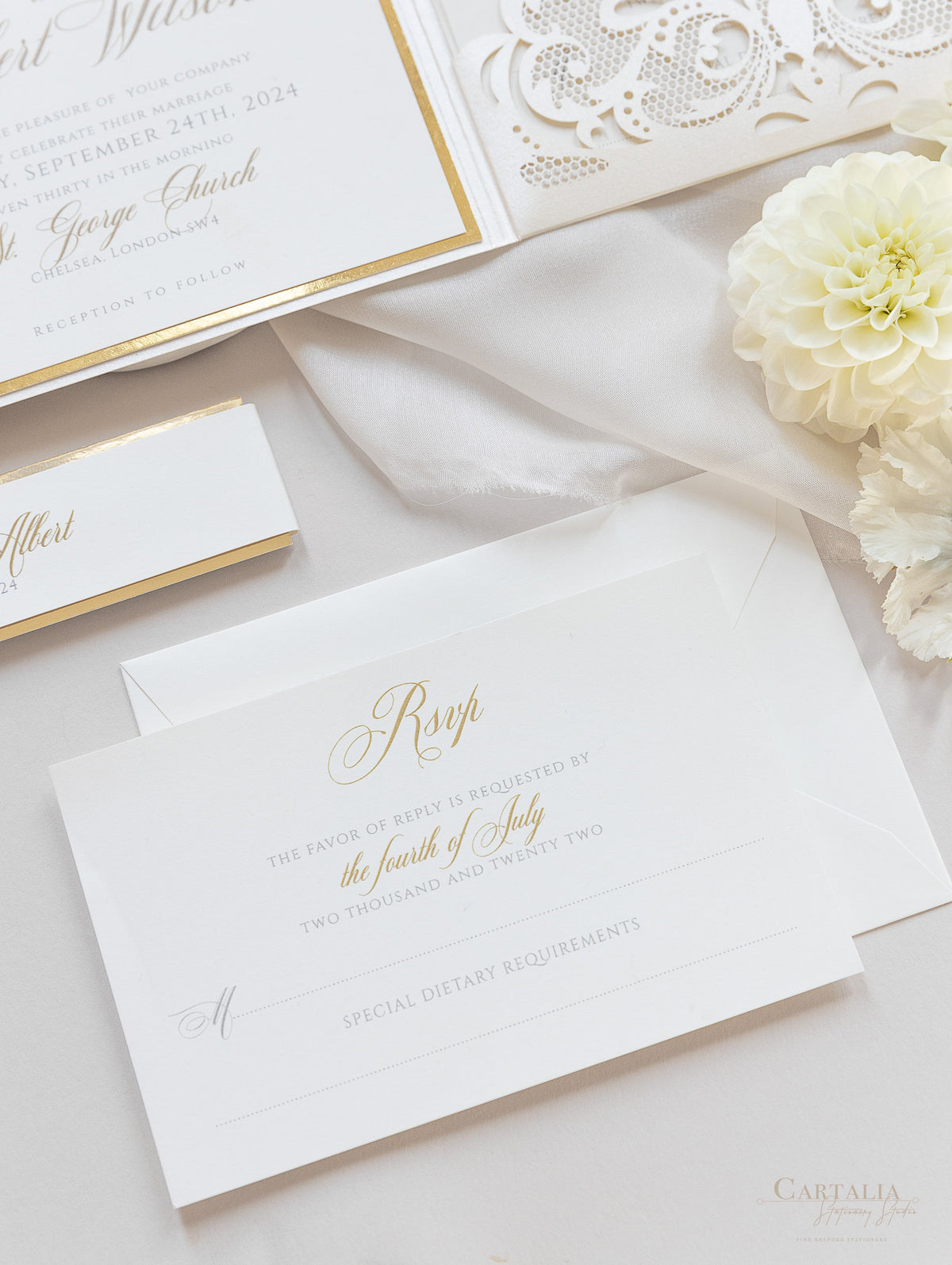 Champagne Opulence Laser Cut Lace Pocketfold Wedding Invitation Suite with 3 Tier:  Guest Info & Travel & RSVP Card