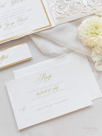 Champagne Opulence Laser Cut Lace Pocketfold Wedding Invitation Suite with 3 Tier:  Guest Info & Travel & RSVP Card
