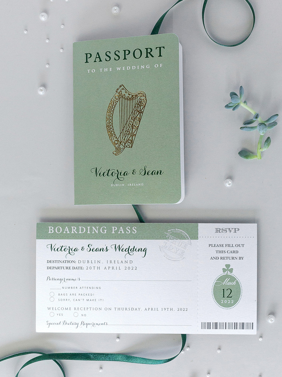 IRISH Passport Wedding Invitation with Lucky Shamrock + Rsvp/Boarding Pass