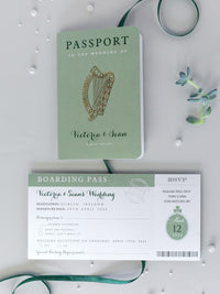 IRISH Passport Wedding Invitation with Lucky Shamrock + Rsvp/Boarding Pass