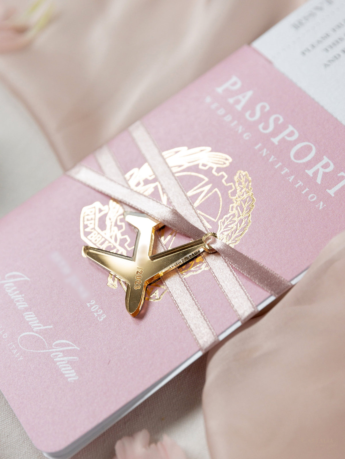 Invitación de boda con pasaporte rosa rubor - Avión grabado de lujo en pasaporte Plexi dorado y boda de destino con lámina de oro real