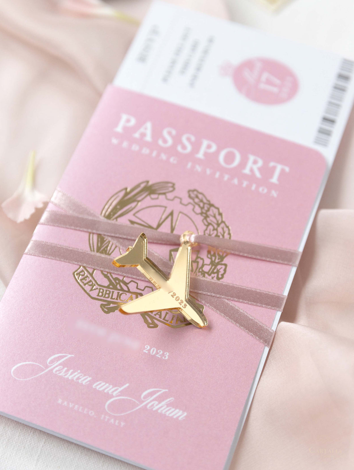 Blush Pink Passport Wedding Invitation - Luxury Engraved Plane in Gold Plexi Passport & Real Gold Foil Destination Wedding