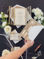 Cancello dorato Hollywood Lasercut, invito a nozze Grande Gatsby con monogramma della fascia di pancia