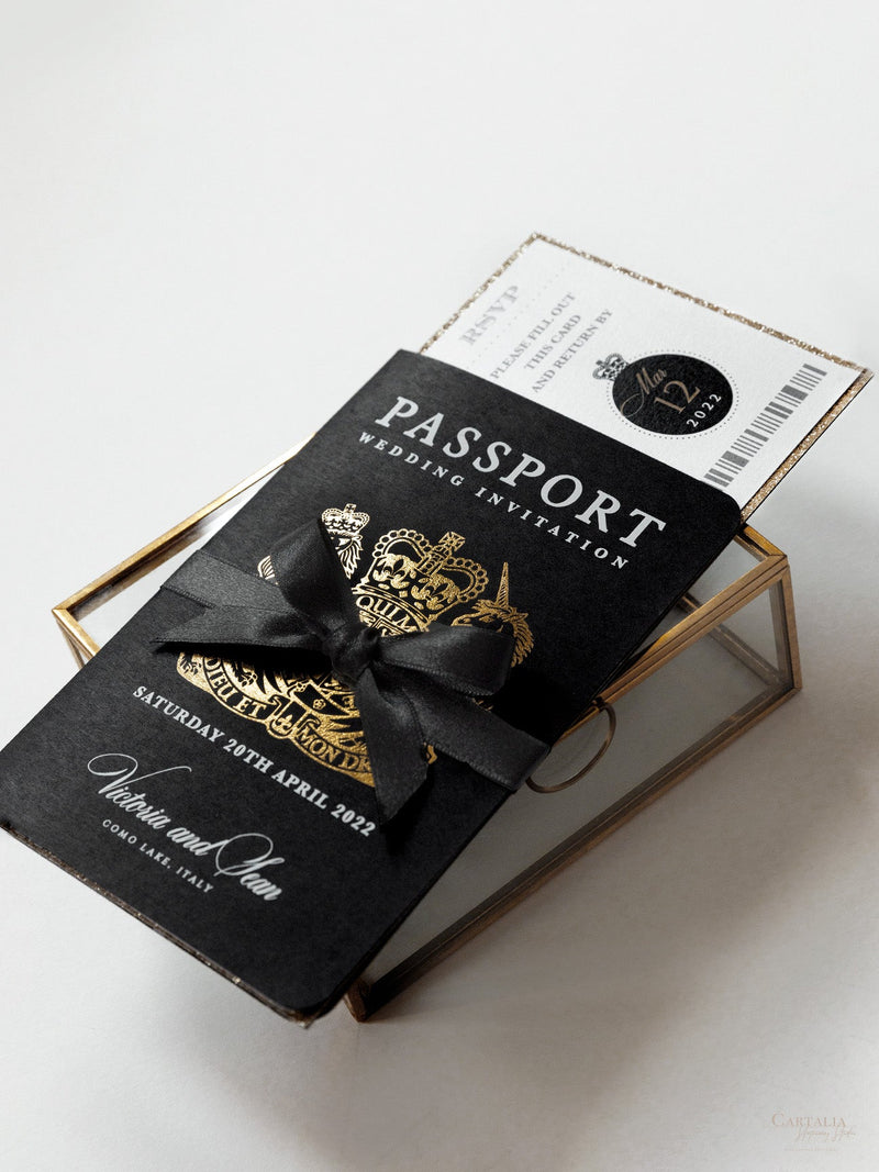 Black Luxury  Passport Wedding Invitation with Bow & Gold Glitter, Real Foil