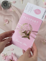 Blush Pink Passport Wedding Invitation - Luxury Engraved Plane in Gold Plexi Passport & Real Gold Foil Destination Wedding