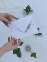 Eucalyptus Magnet Silver Mirror Plexi in Hexagon Save the Date with card and Silver String