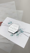 Eucalyptus Magnet Silver Mirror Plexi in Hexagon Save the Date with card and Silver String