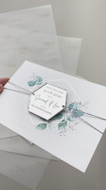 Eucalyptus Magnet Silver Mirror Plexi in Hexagon Save the Date with card and Silver String