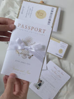 Luxury Glitter & Bow Passport Wedding Invitation in Champagne with Real Gold Foil
