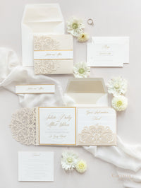 Champagne Opulence Laser Cut Lace Pocketfold Wedding Invitation Suite with 3 Tier:  Guest Info & Travel & RSVP Card