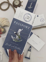 Nautical Wedding Passport Invitations with Silver Boat Tag & Anchor Foil