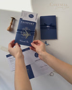 USA / American & UK Passport Navy Wedding Invitation with Silver Mirror Plexi Plane