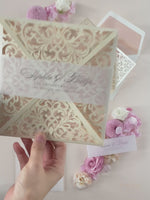 Champagne Laser Cut Lace Pocketfold Wedding Invitation + Wedding Wish Set
