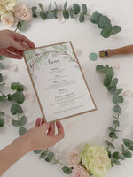 Ordine di servizio/menu di matrimonio rustico con foglia verde acquerello