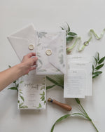 Modern Calligraphy Invitation  3 Tier Folder Pocket Suite with Vellum Parchment Envelope and Pearl Wax Seal with ribbed ribbon