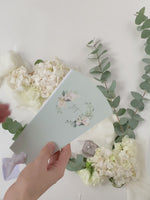 White Hydrangea Wedding Petal Program Fan, Order of Day in Sage Green, Order of Service
