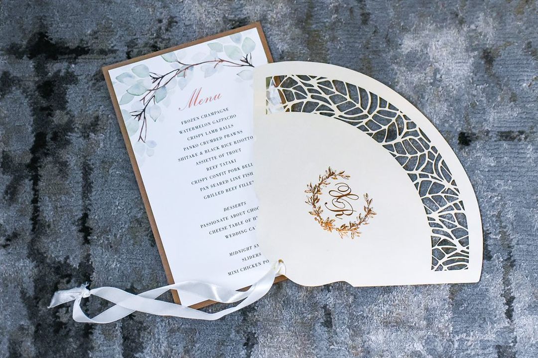 Intricate Laser Cut Leaf Wedding Petal Program Fan with Unique Luxury Foil Monogram