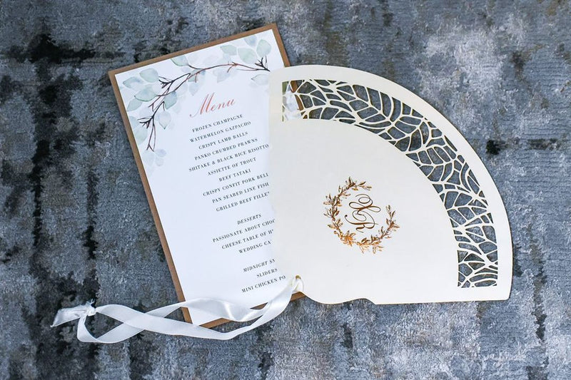 Intricate Laser Cut Leaf Wedding Petal Program Fan with Unique Luxury Foil Monogram