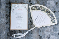 Intricate Laser Cut Leaf Wedding Petal Program Fan with Unique Luxury Foil Monogram