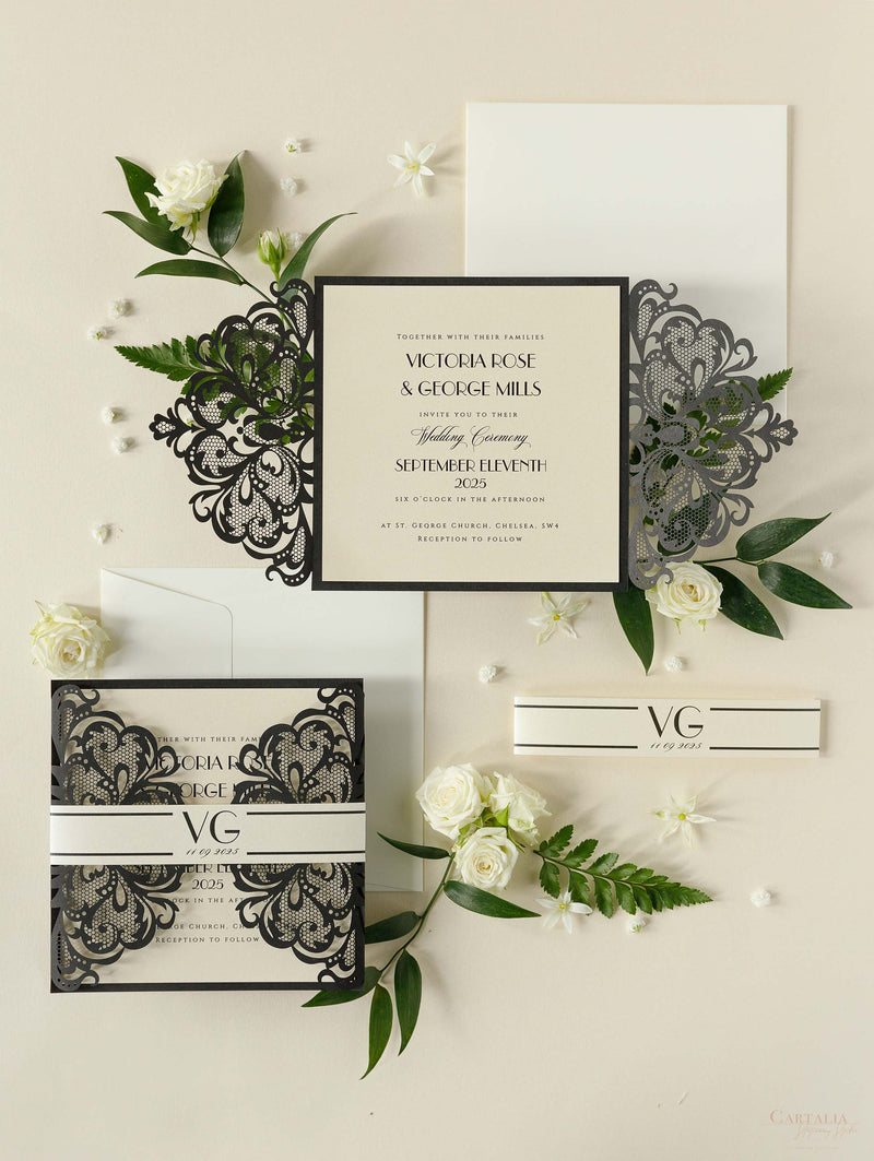 Art Deco Great Gatsby Luxury Gatefold Laser cut Set Wedding Invitation with Monogram Belly Band+ RSVP + Envelopes
