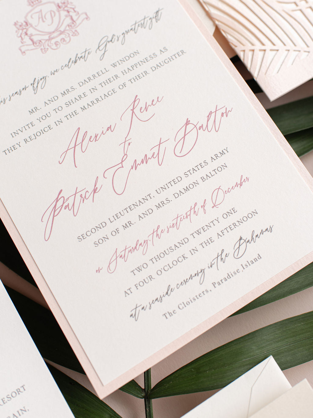 Luxury Tropicana A Palm Tree Wrap Laser Cut Leaves with Rsvp + Reception Suite Invitation